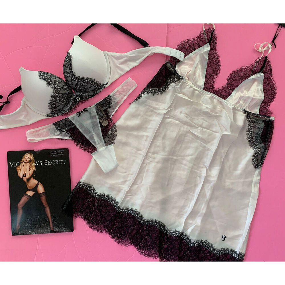 Victoria's Secret 34C BOMBSHELL BRA SET+thong+silk SLIP White Black lace jeweled